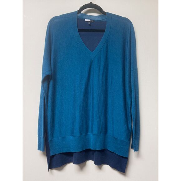 EILEEN FISHER Artic Green Royal Alpaca Colorblock V-Neck Sweater, Sz M - Picture 2 of 9